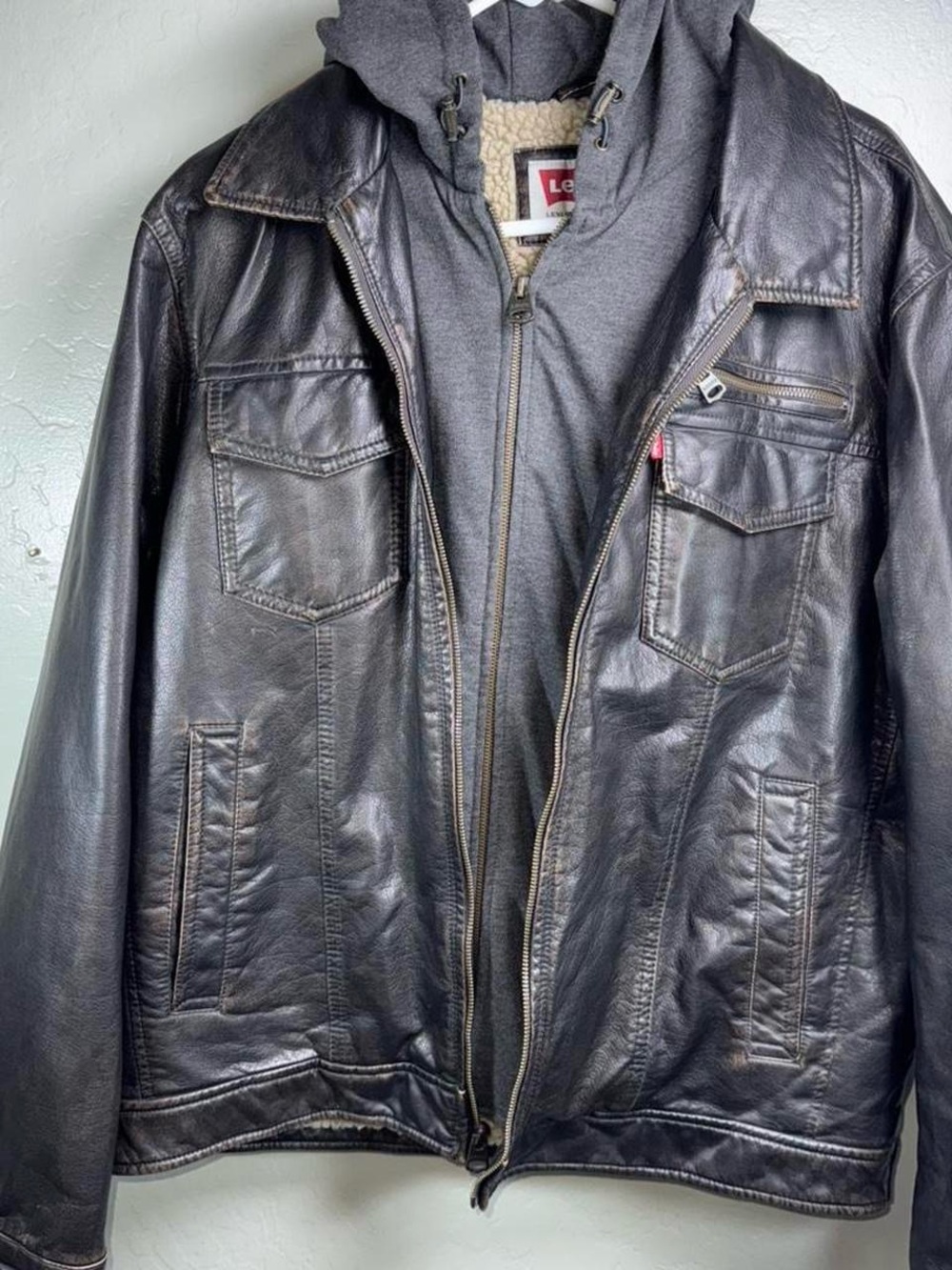 Levi’s Faux Leather Sherpa Hooded Jacket Black Distressed Moto L